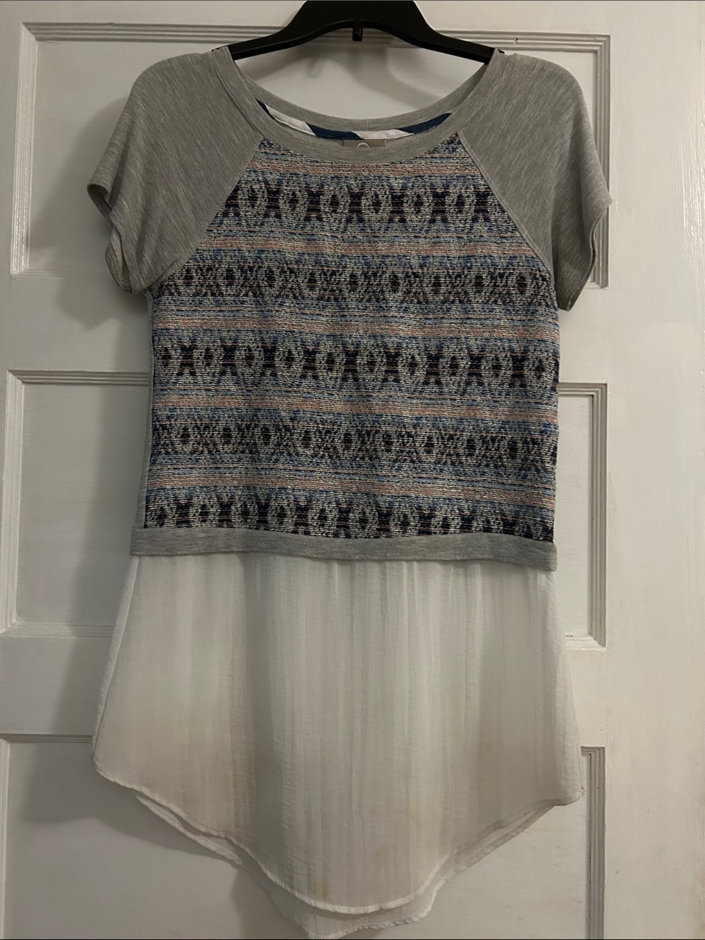 Anthropologie Gray Tunic with Navy and Light Blue Pattern and Sheer White Hem
